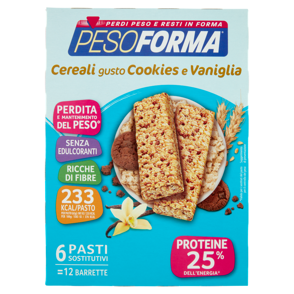 Pesoforma Cereali gusto Cookies e Vaniglia, barrette sostitutive del pasto, 12 x 31 g