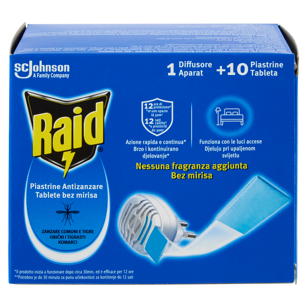 Raid Piastrine Antizanzare Comuni e Tigre, Azione prolungata, 1 Diffusore + 10 Piastrine Ricarica
