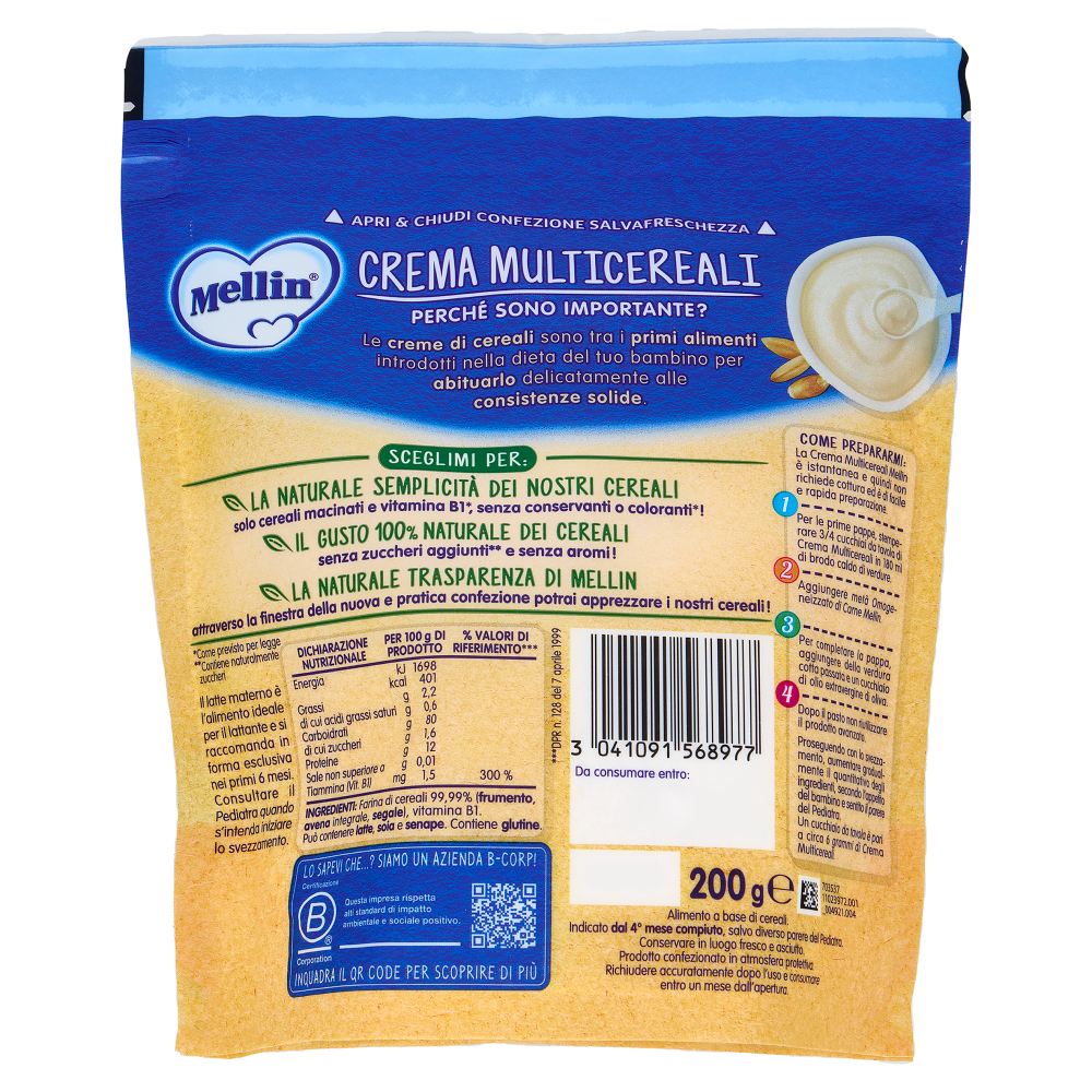 MELLIN Crema Multicereali, Confezione Apri&Chiudi, dall'inizio dello Svezzamento, 200g