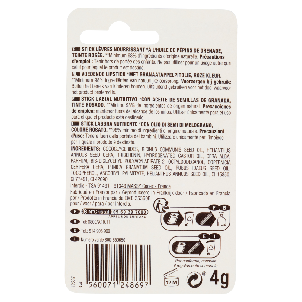 Les Cosmetiques Design Paris nectar of beauty Nutrition Stick Labbra con Melograno Colore Rosato 4 g