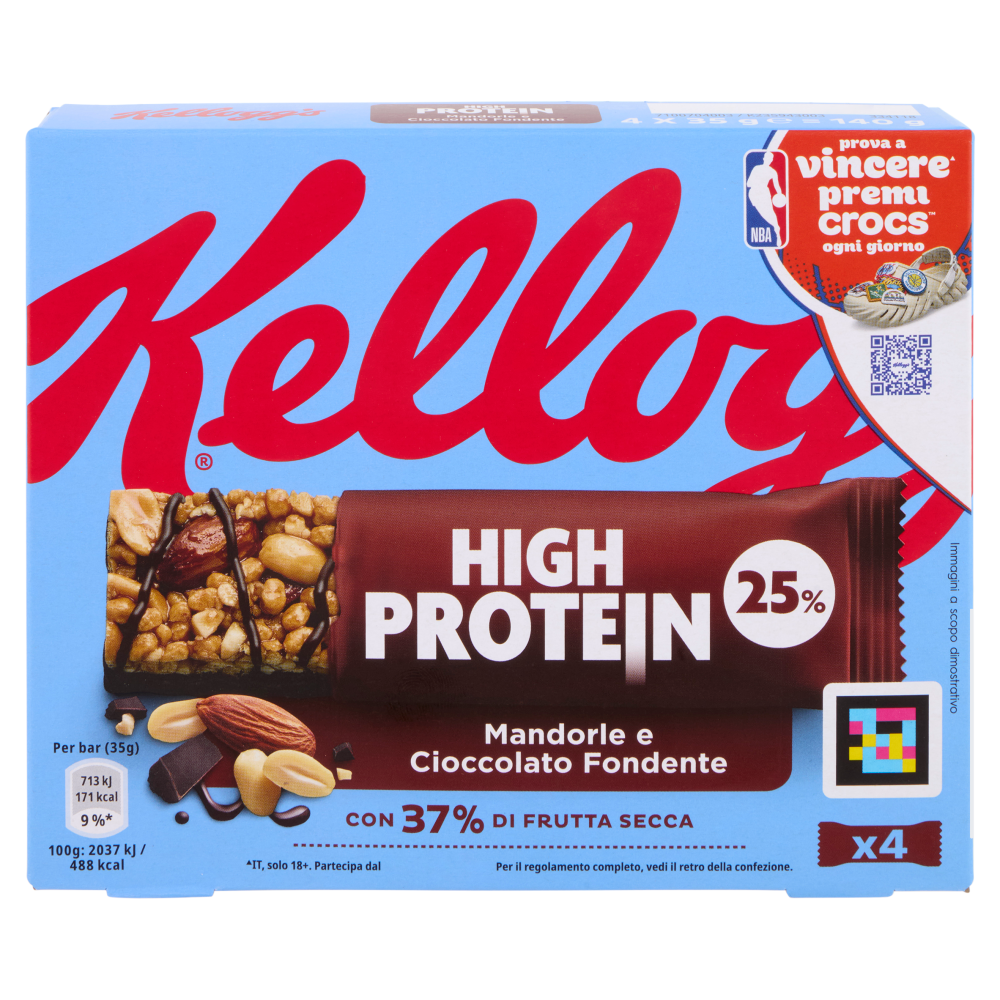 Kellogg's High Protein 25% Mandorle e Cioccolato Fondente 4 x 35 g