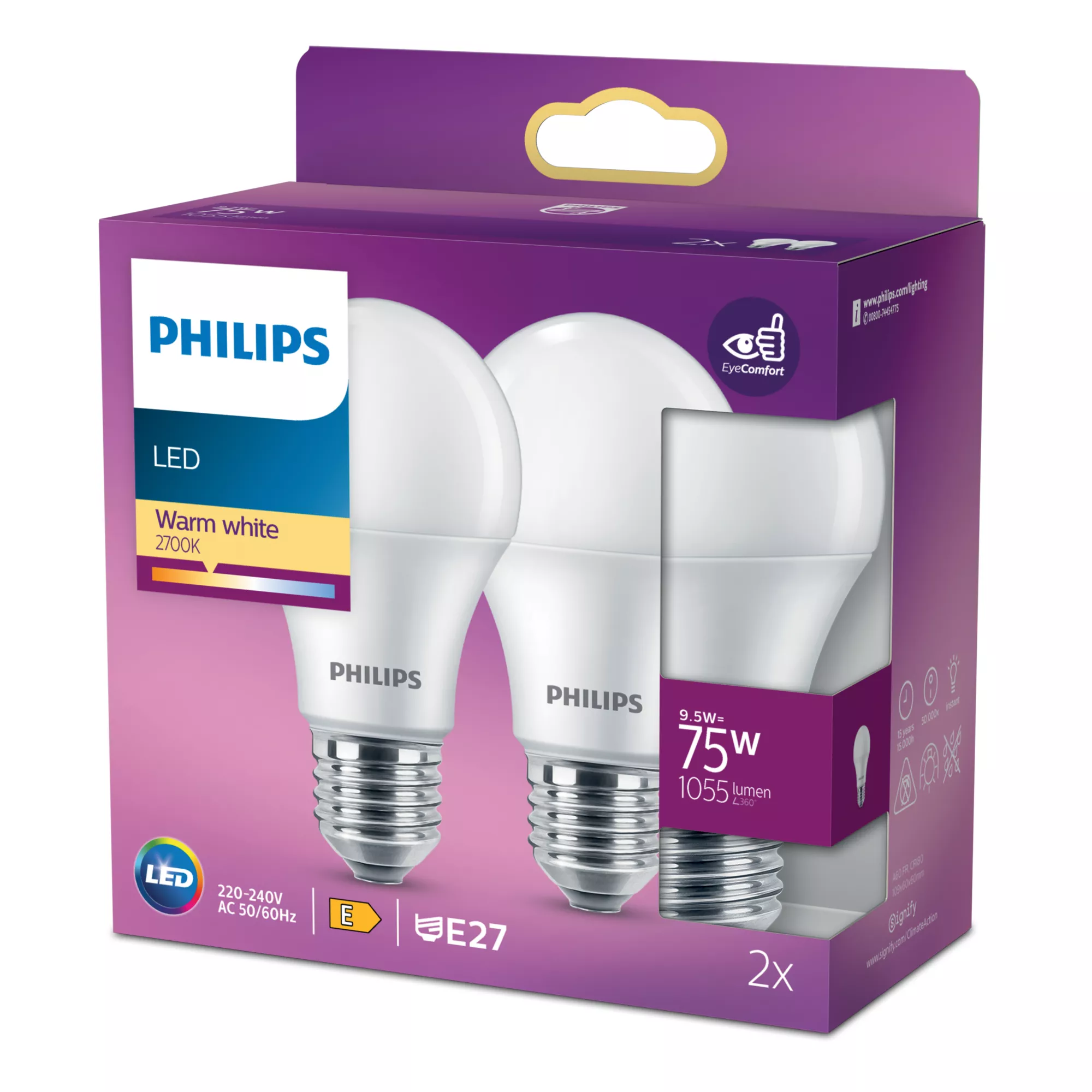 Philips Lampadina 75 W A60 E27 x2