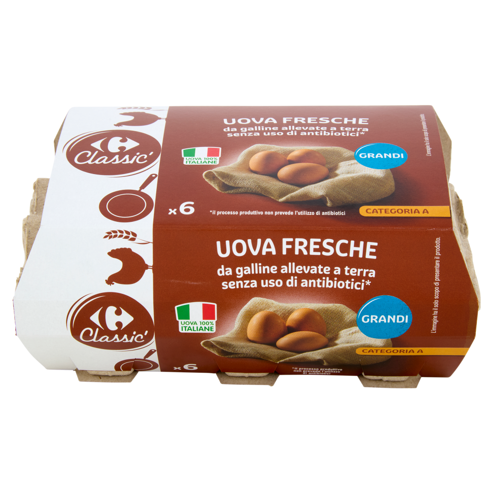 Carrefour Classic Uova Fresche da galline allevate a terra senza uso di antibiotici* Grandi x6