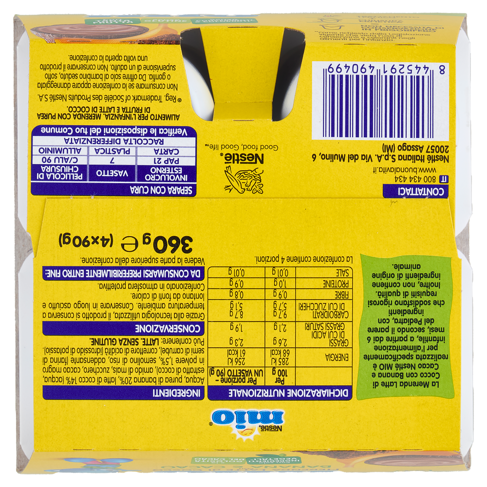 NESTLÉ MIO Merenda al Latte di Cocco Banana e Cacao 4 Vasetti da 90g