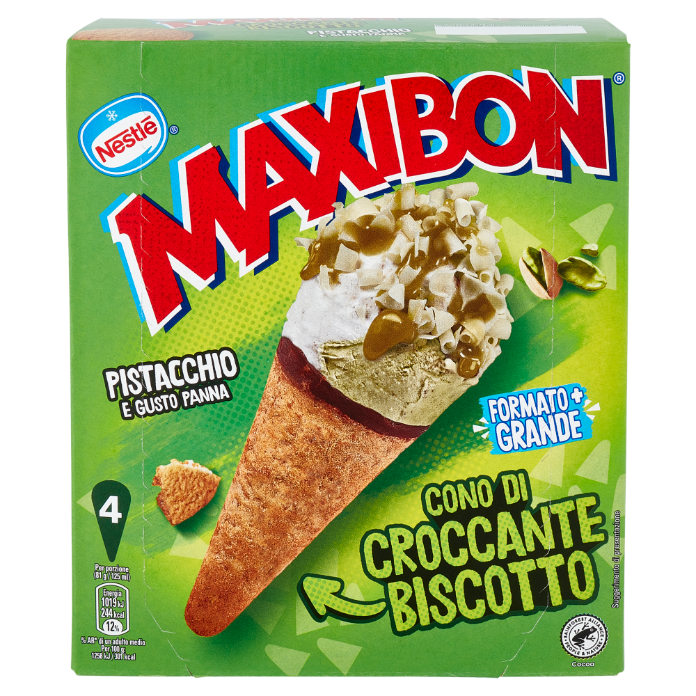 NESTLÉ Maxibon Cono di Croccante Biscotto Pistacchio e Gusto Panna 4 x 81 g