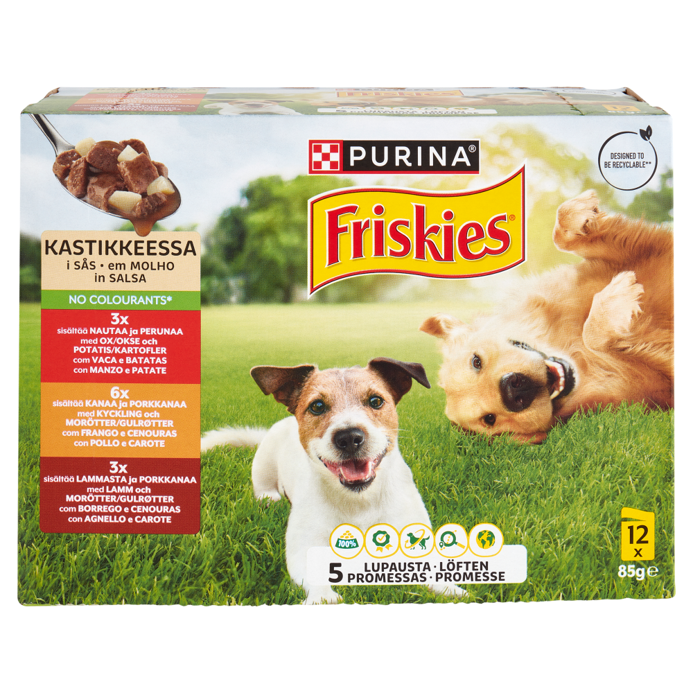 PURINA FRISKIES In Salsa Con Manzo e Patate, Pollo e Carote, Agnello e Carote 12 x 85 g