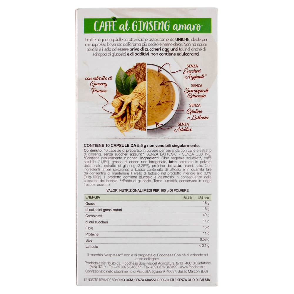 foodNess Caffè al Ginseng Amaro Compostabile Nespresso Compatibile 10 x 5,5 g
