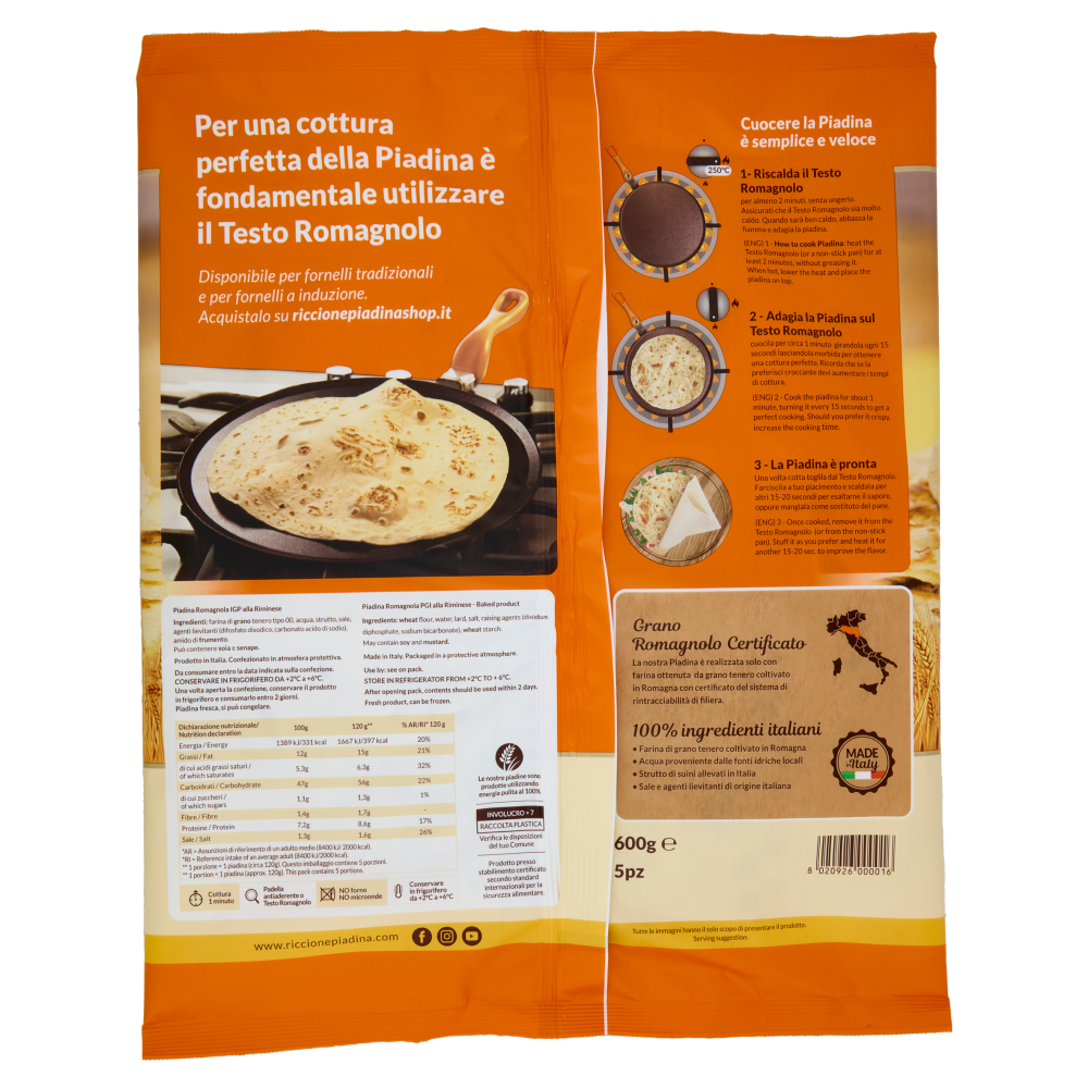 Riccionepiadina Piadina Romagnola IGP alla Riminese 5 pz 600 g
