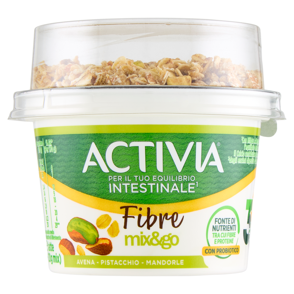 ACTIVIA Fibre Mix&Go con Probiotico Bifidus, Yogurt Bianco con Avena, Pistacchio e Mandorle, 170g