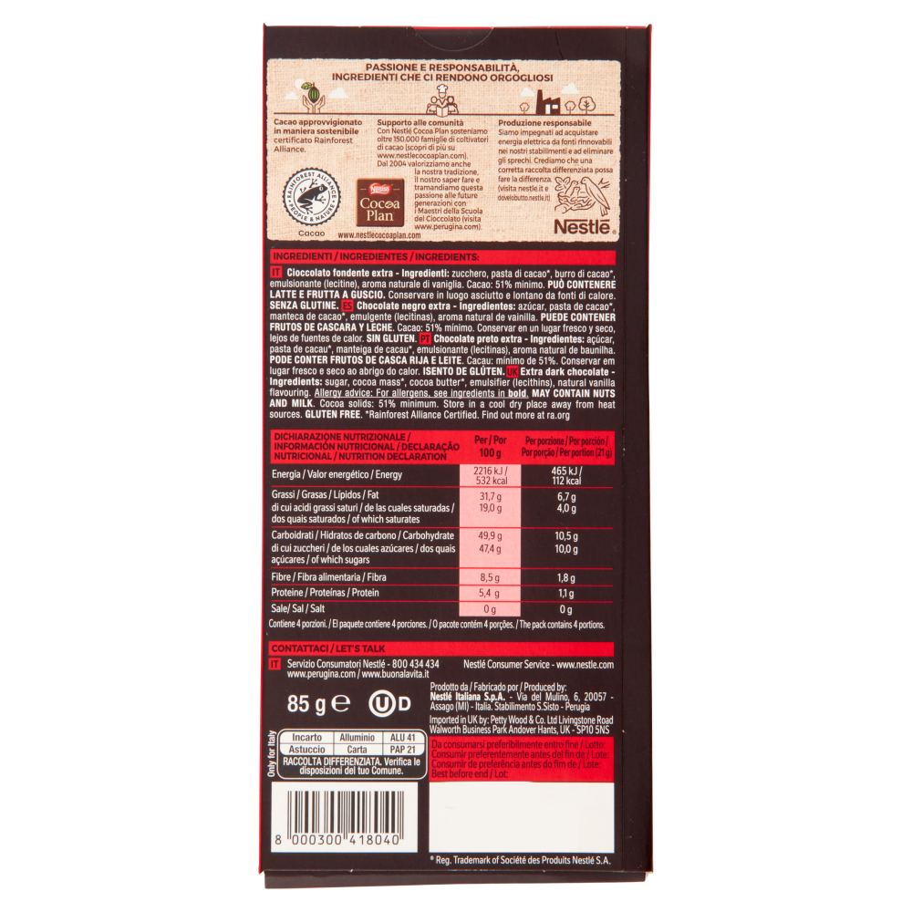 PERUGINA NERO Fondente Extra 51% Tavoletta Cioccolato Fondente 85g