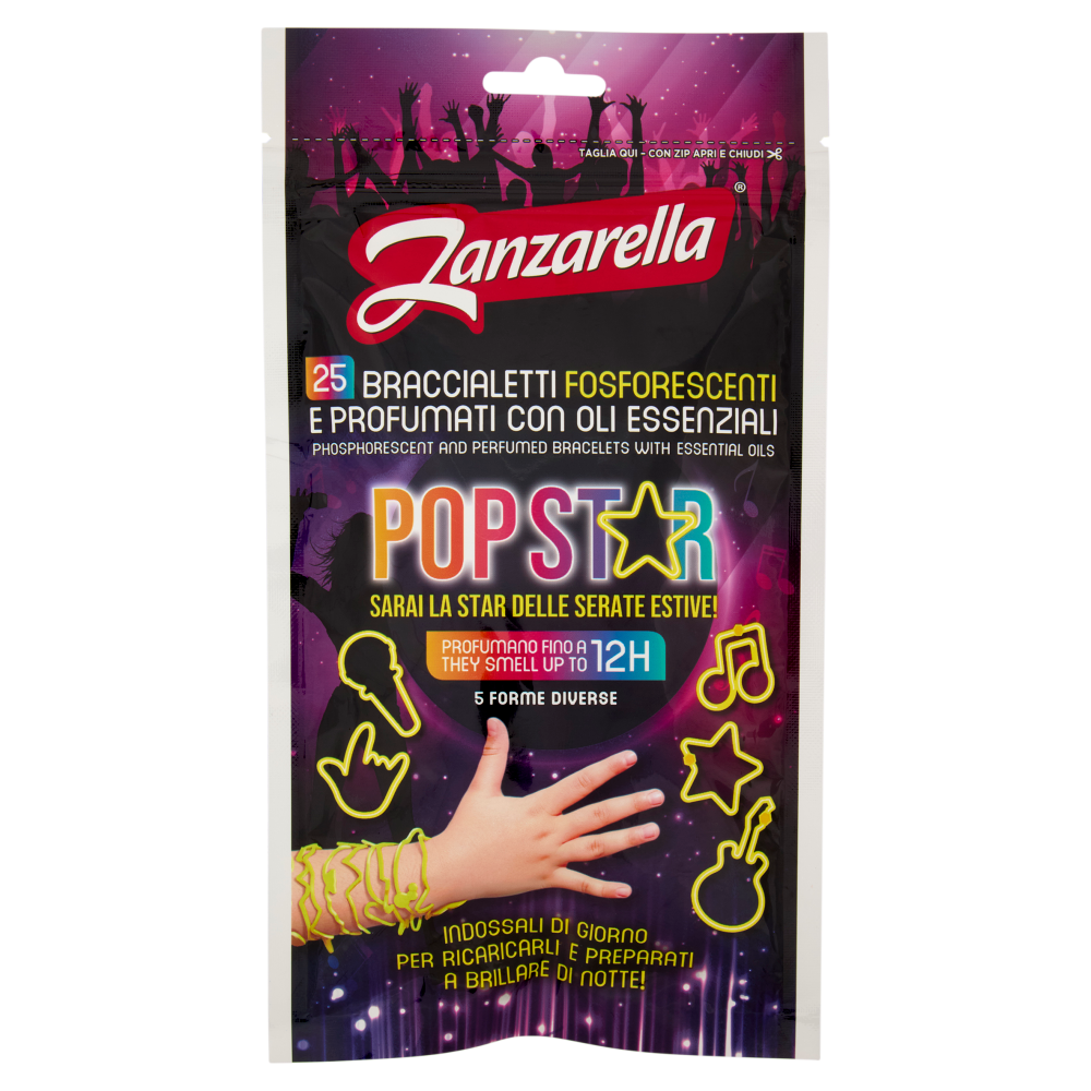 Zanzarella Braccialetti Fosforescenti e Profumati con Oli Essenziali Pop Star 25 pz