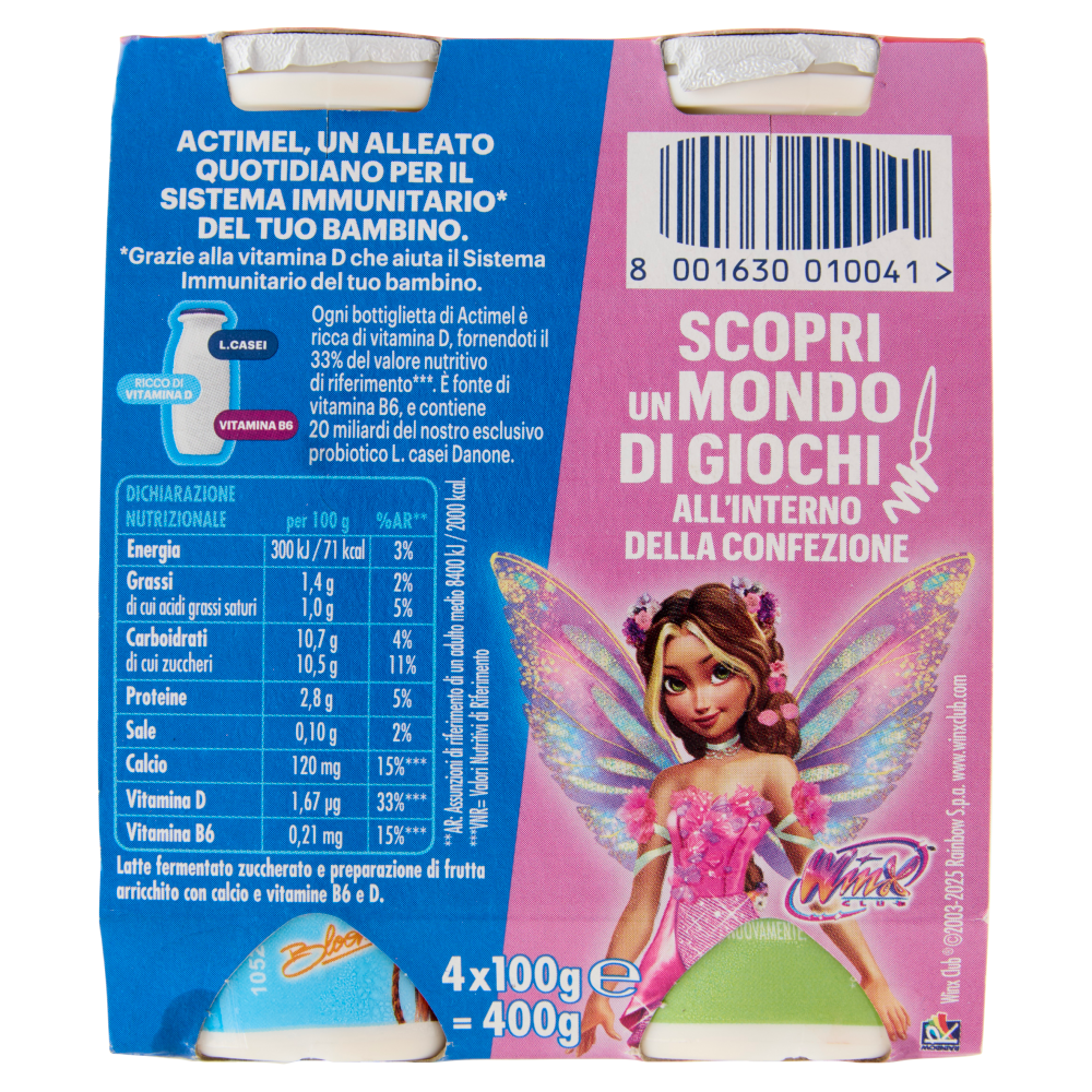 ACTIMEL Winx, Yogurt da Bere con Vit B6 e D per il Sistema Immunitario, gusto fragola, 4X100G
