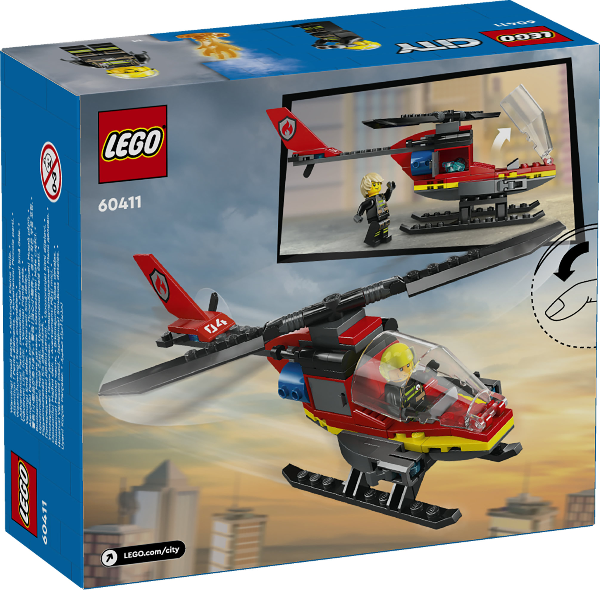 LEGO City 60411 Elicottero dei Pompieri, Veicolo Giocattolo con 2 Elementi Lancia-Acqua e Minifigure, Giochi per Bambini 5+