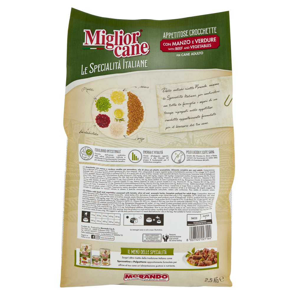 Migliorcane Le Specialità Italiane Appetitose Crocchette con Manzo e  Verdure per Cane Adulto 2,5 KG