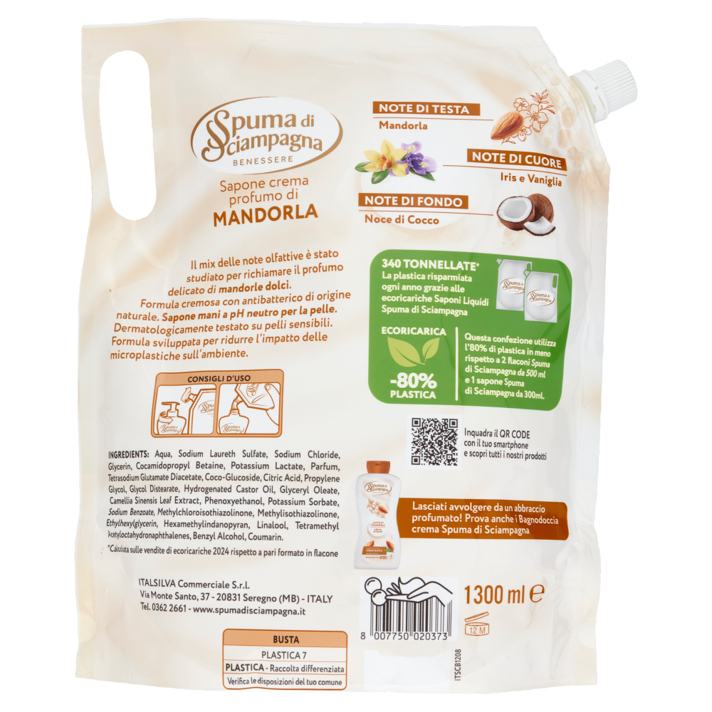 Spuma di Sciampagna Benessere Sapone crema Mandorla Ecoricarica 1300 ml