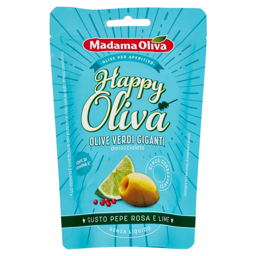 Madama Oliva Happy Oliva Olive Verdi Giganti denocciolate Gusto Pepe Rosa e Lime 80 g