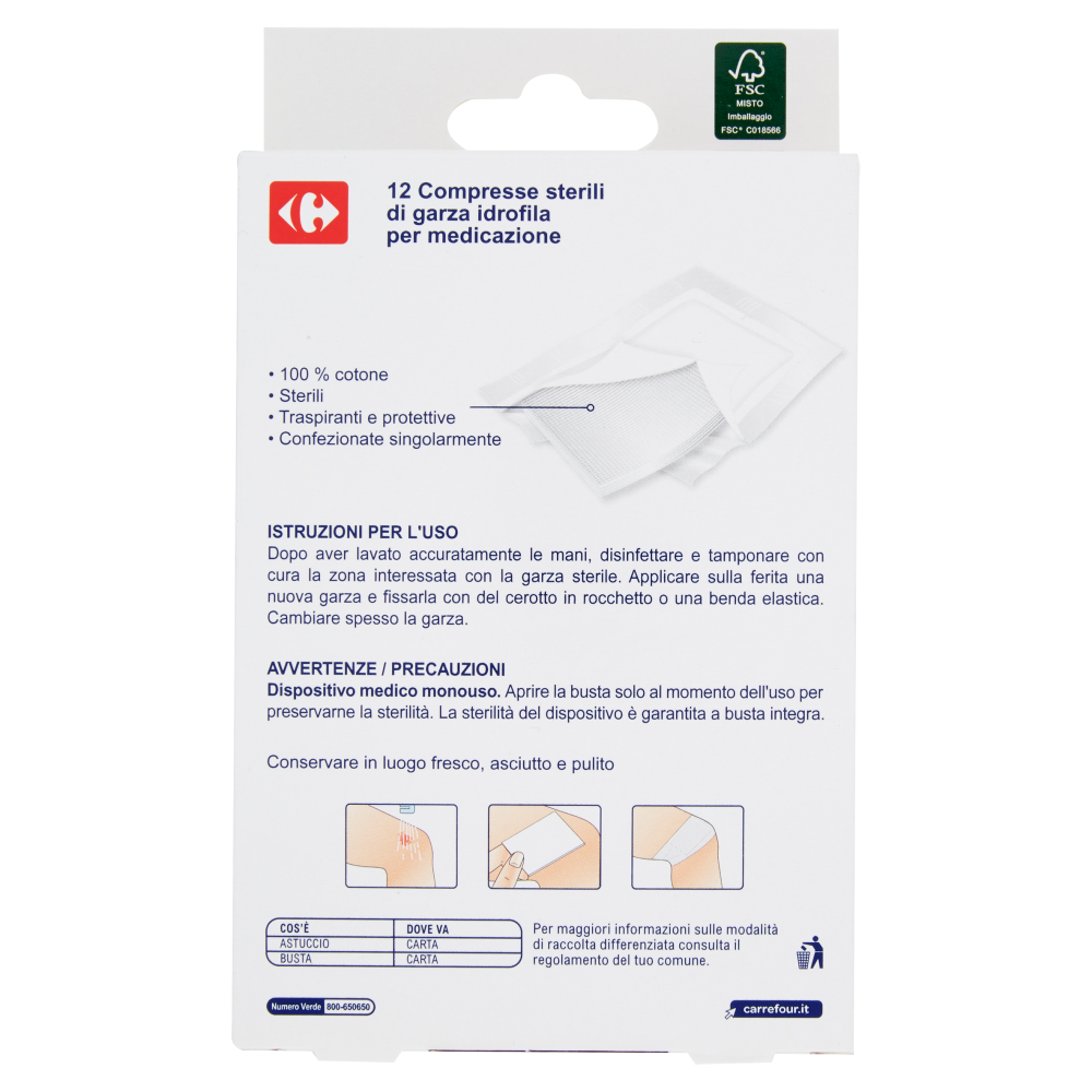 Carrefour Primo Soccorso Compresse di garza Sterili 18x40 cm 12 pz