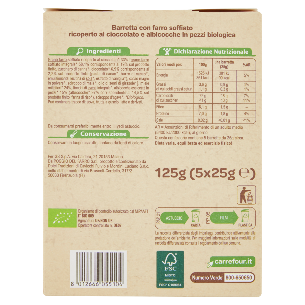 Carrefour Bio Barrette con farro soffiato ricoperto al cioccolato e albicocche in pezzi 5 x 25 g