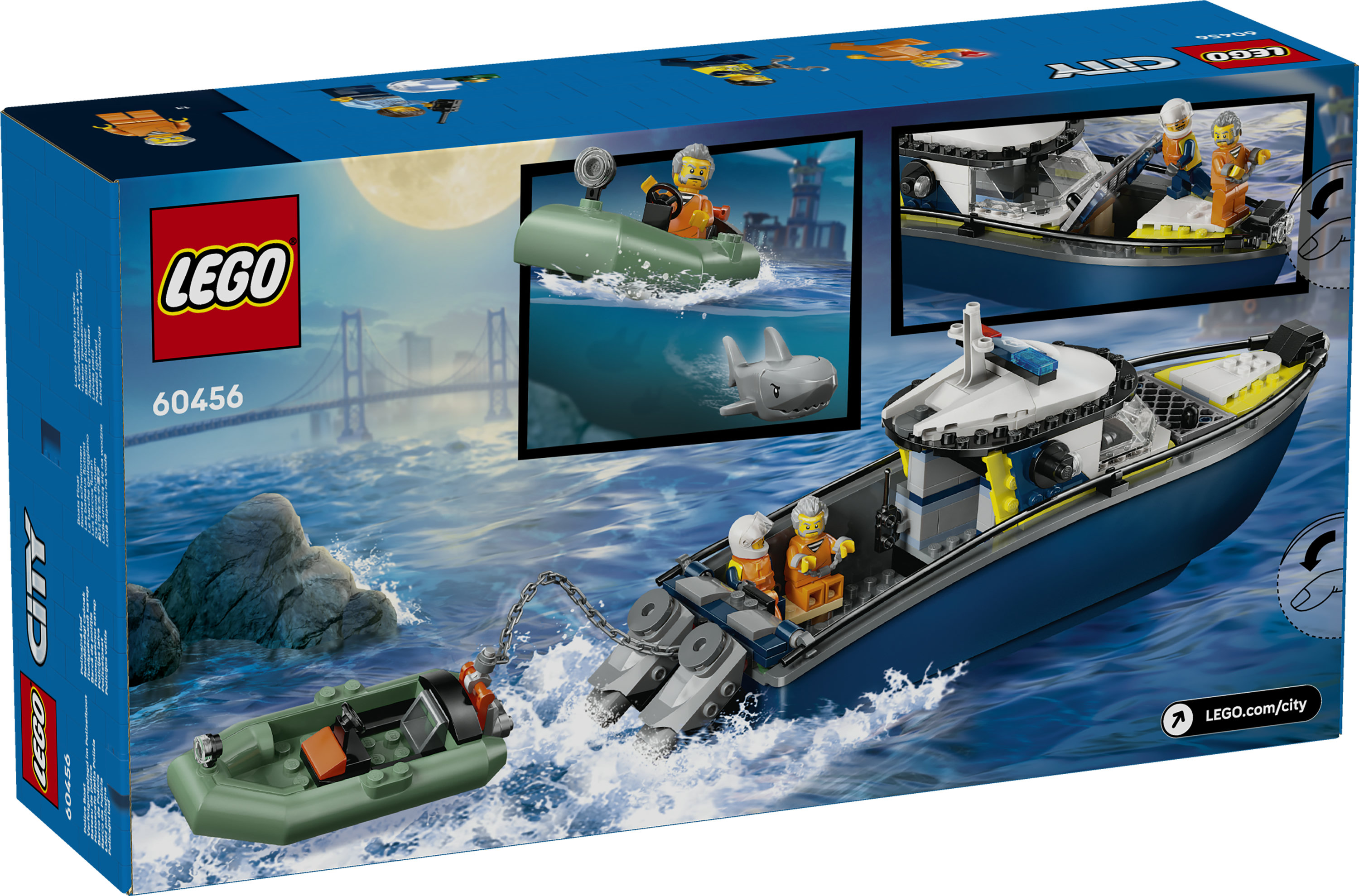 LEGO City 60456 Inseguimento del Motoscafo della Polizia, con 2 Barche Giocattolo, 3 Minifigure, Squalo, Regalo per Bambini6+