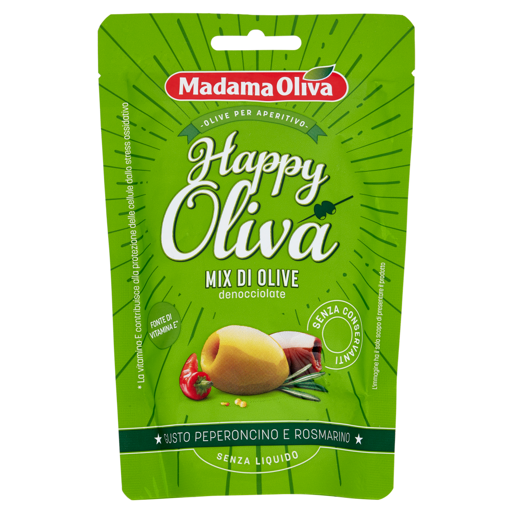 Madama Oliva Happy Oliva  Mix di Olive denocciolate Gusto Peperoncino e Rosmarino 80 g