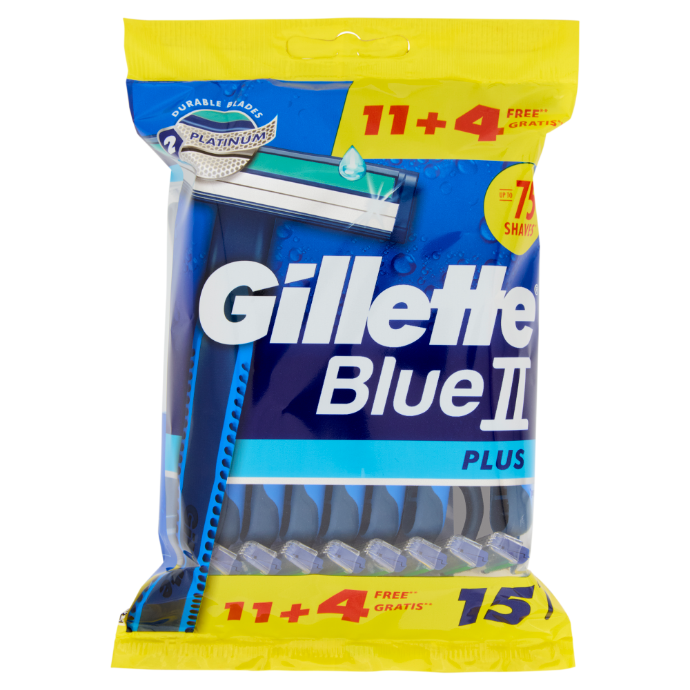 Gillette Blue II Plus Rasoio da Uomo Usa e Getta a 2 Lame, 11 Rasoi + 4 Gratis = 15 Rasoi