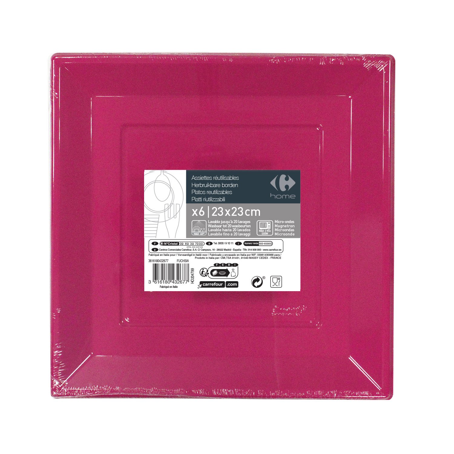 6 piatti rettangolari 23x23 fucsia Carrefour