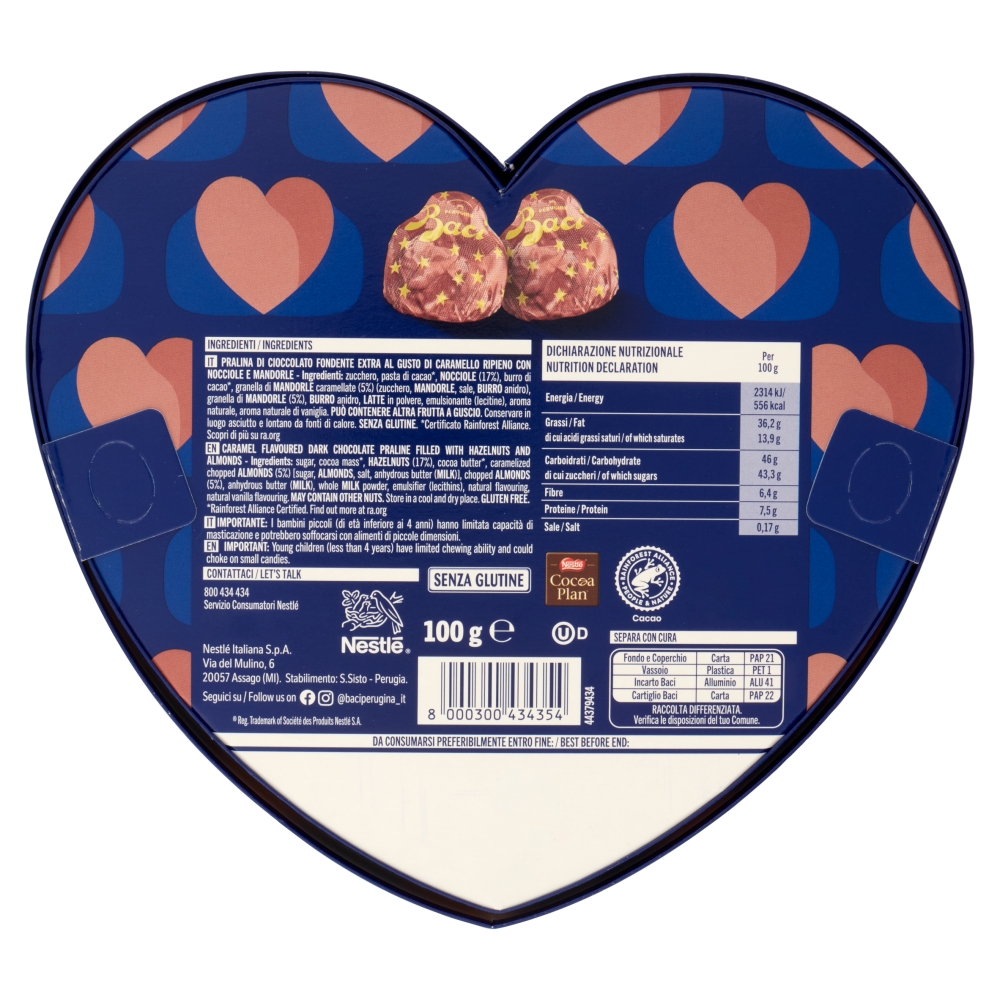 BACI PERUGINA Caramellato Cioccolatini Fondenti ripieni al Gianduia Scatola Cuore San Valentino 100g