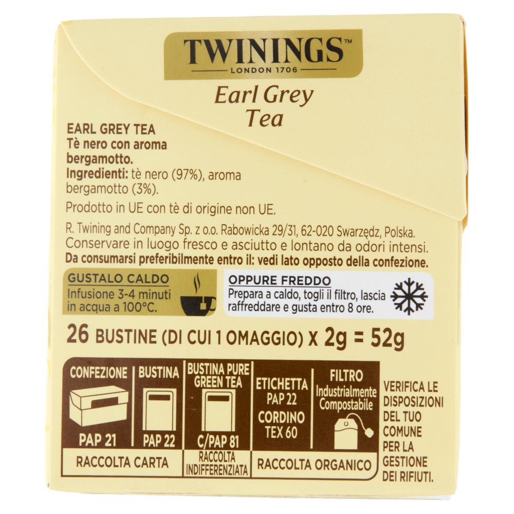 Twinings Earl Grey Tè Nero al sapore di Bergamotto 25 filtri + 1 omaggio The 52 g