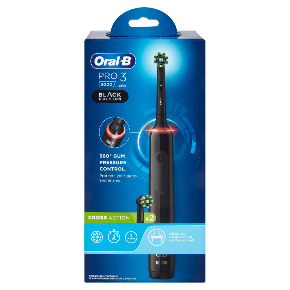 Oral-B Spazzolino Elettrico Denti Ricaricabile Pro 3 3000 Black + 2 refill Cross Action