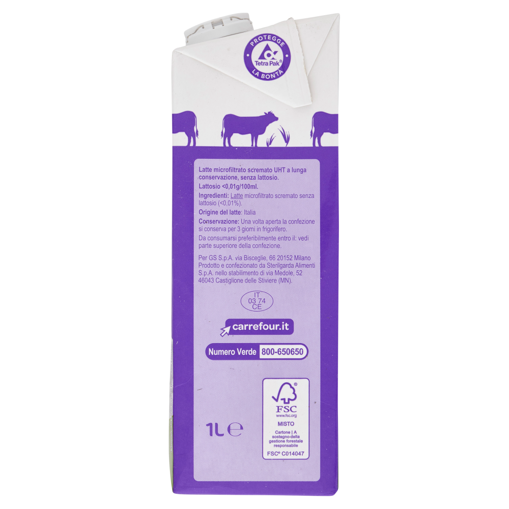 Carrefour Classic Senza Lattosio Latte Microfiltrato UHT Scremato 1 L