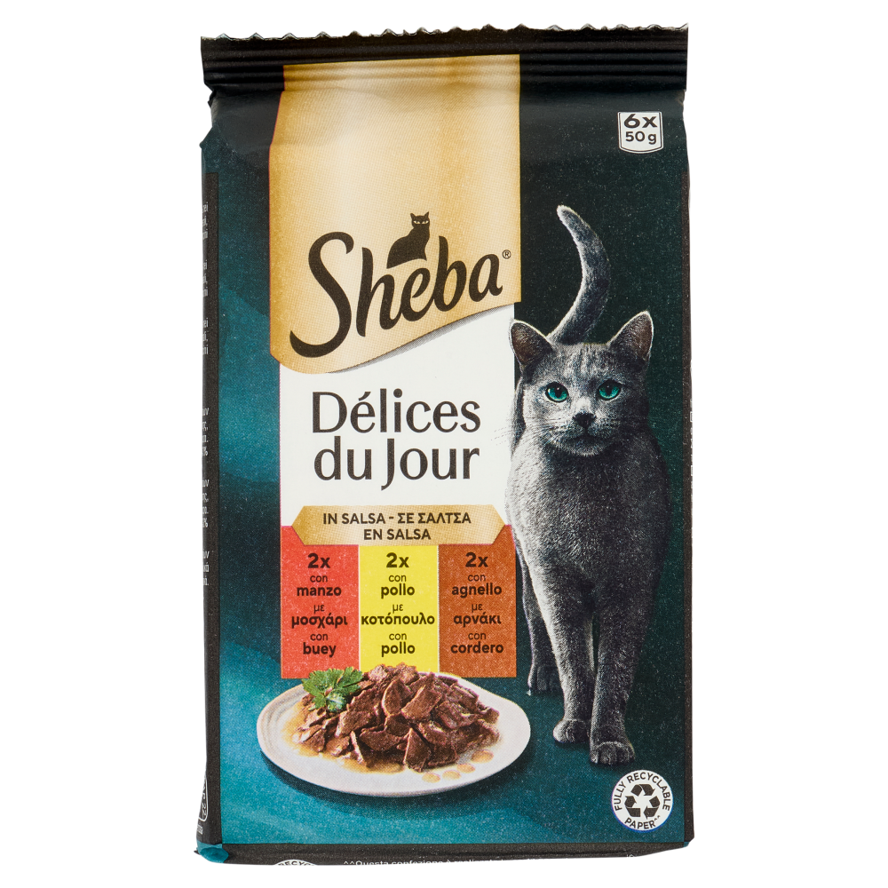 Sheba Délices du Jour Cibo Umido Gatto in Salsa con Manzo, Pollo e Agnello 6 x 50 g