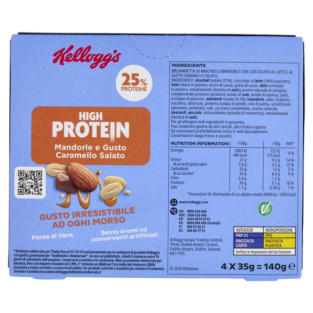 Kellogg's High Protein 25% Mandorle e Gusto Caramello Salato 4 x 35 g