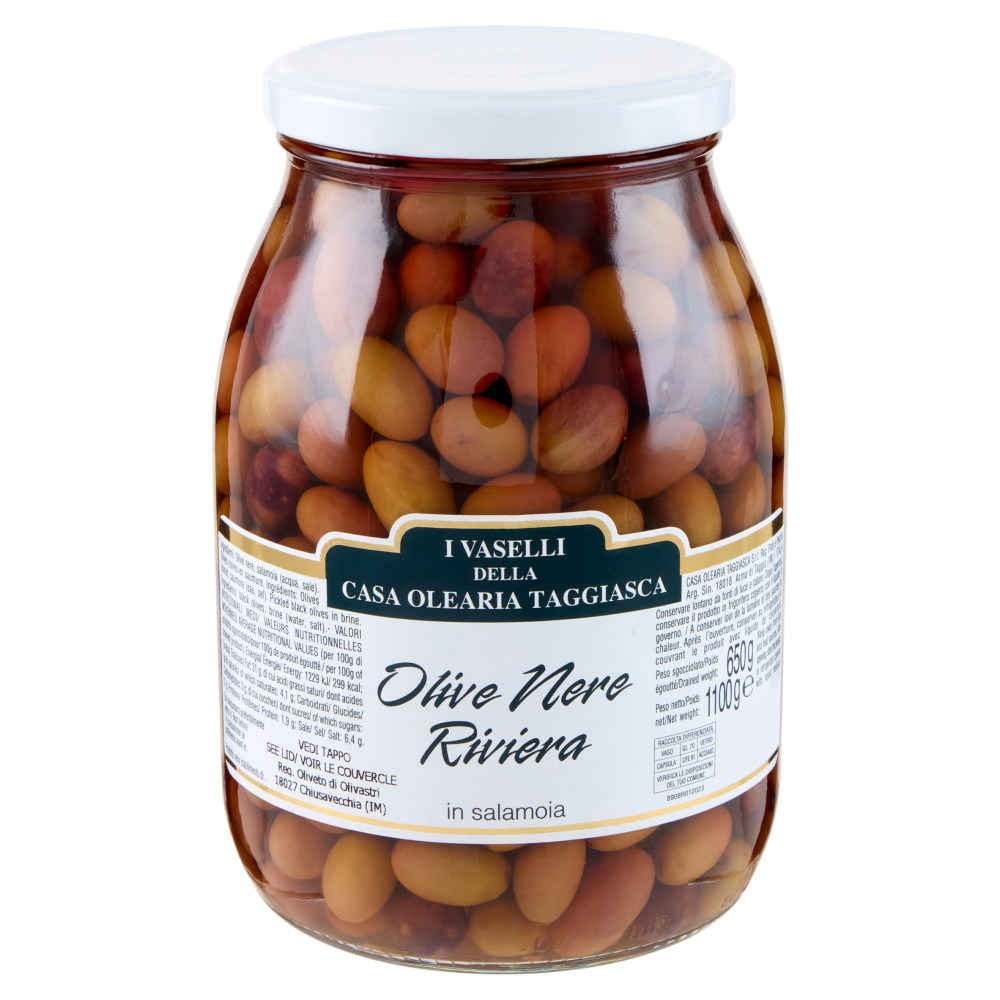I Vaselli della Casa Olearia Taggiasca Olive Nere Riviera in salamoia 1100 g