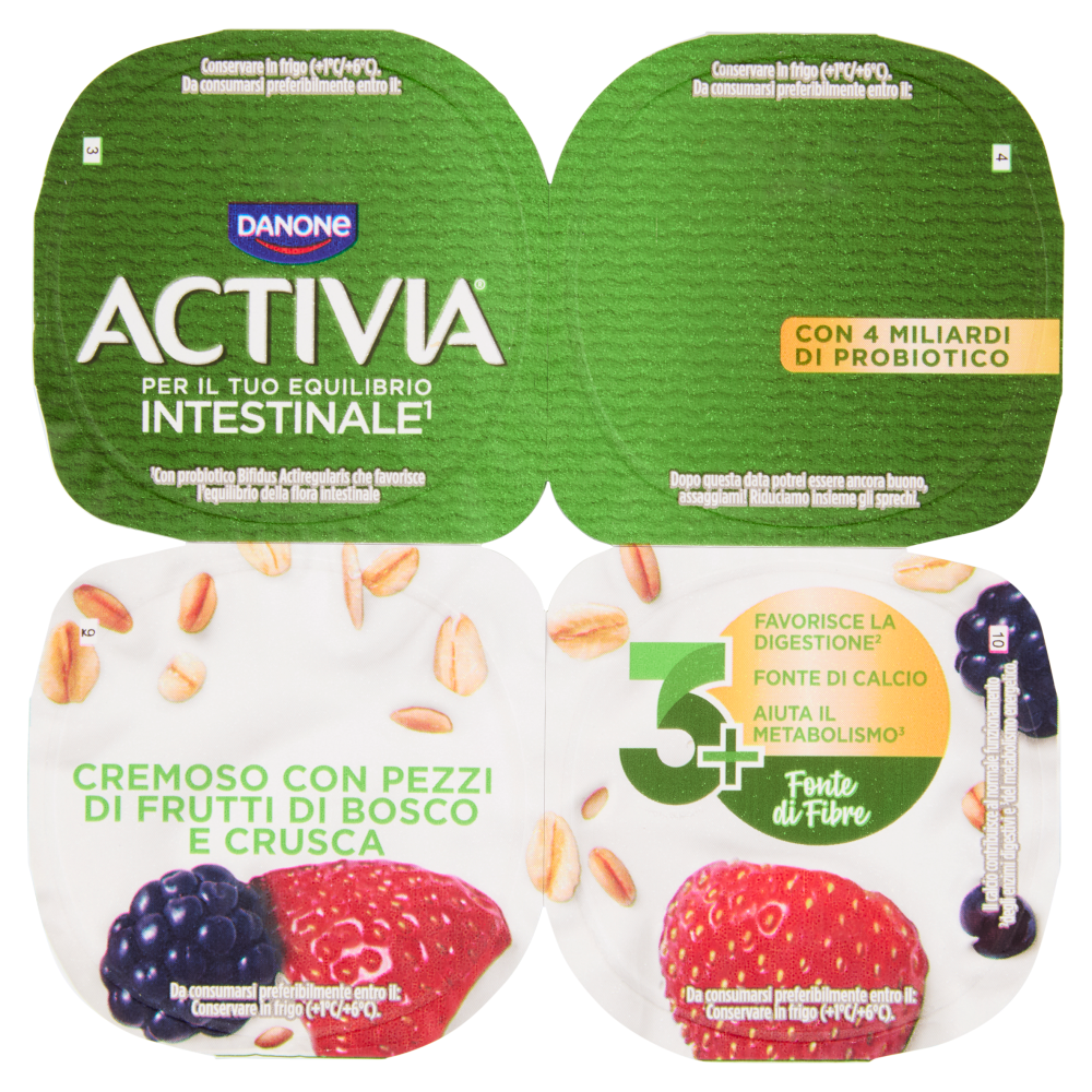 ACTIVIA Fibre Yogurt con Probiotico Bifidus, gusto Frutti di Bosco e Crusca, 4x125g