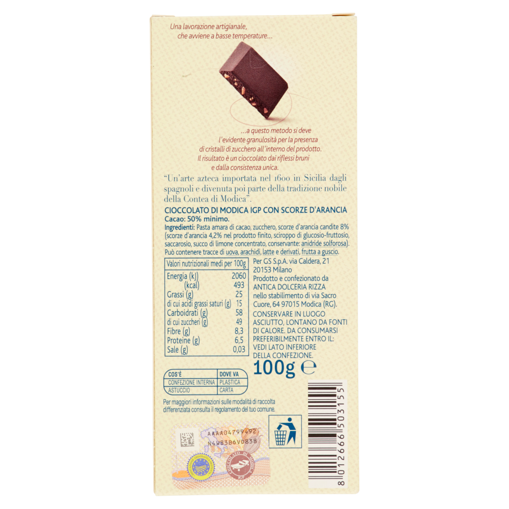 Terre d'Italia Cioccolato di Modica IGP con scorze d'arancia 100 g