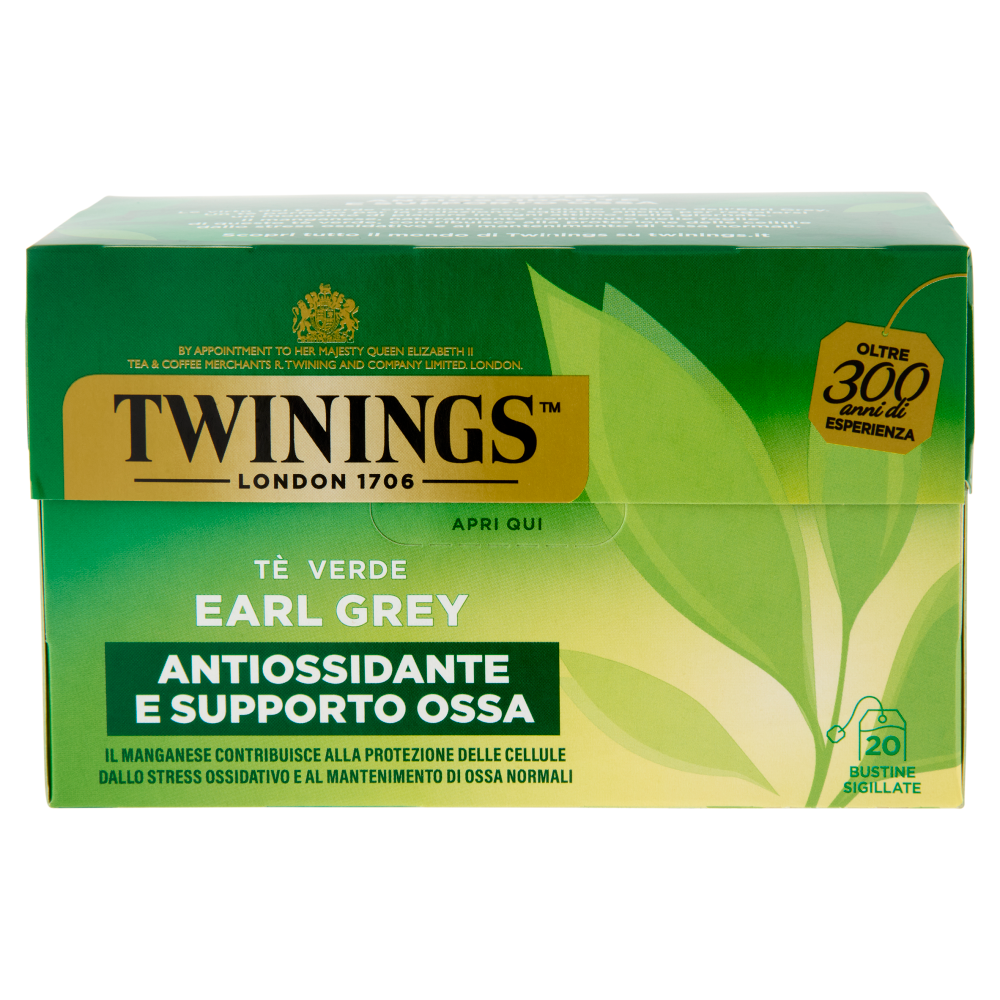 Twinings Earl Grey Tè Verde aromatizzato Bergamotto Antiossidante e Supporto Ossa 20 filtri The 40 g