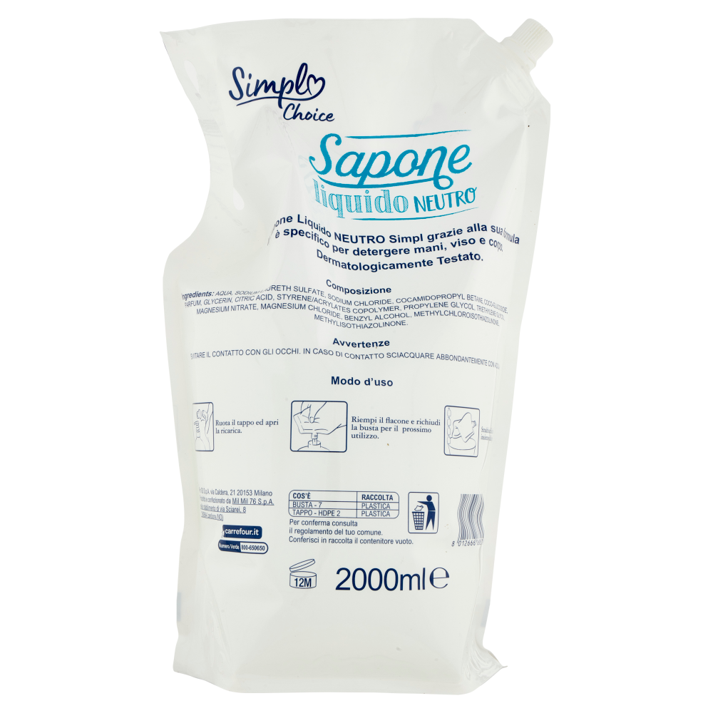 Simp Choice Sapone liquido Neutro Ricarica 2 Litri