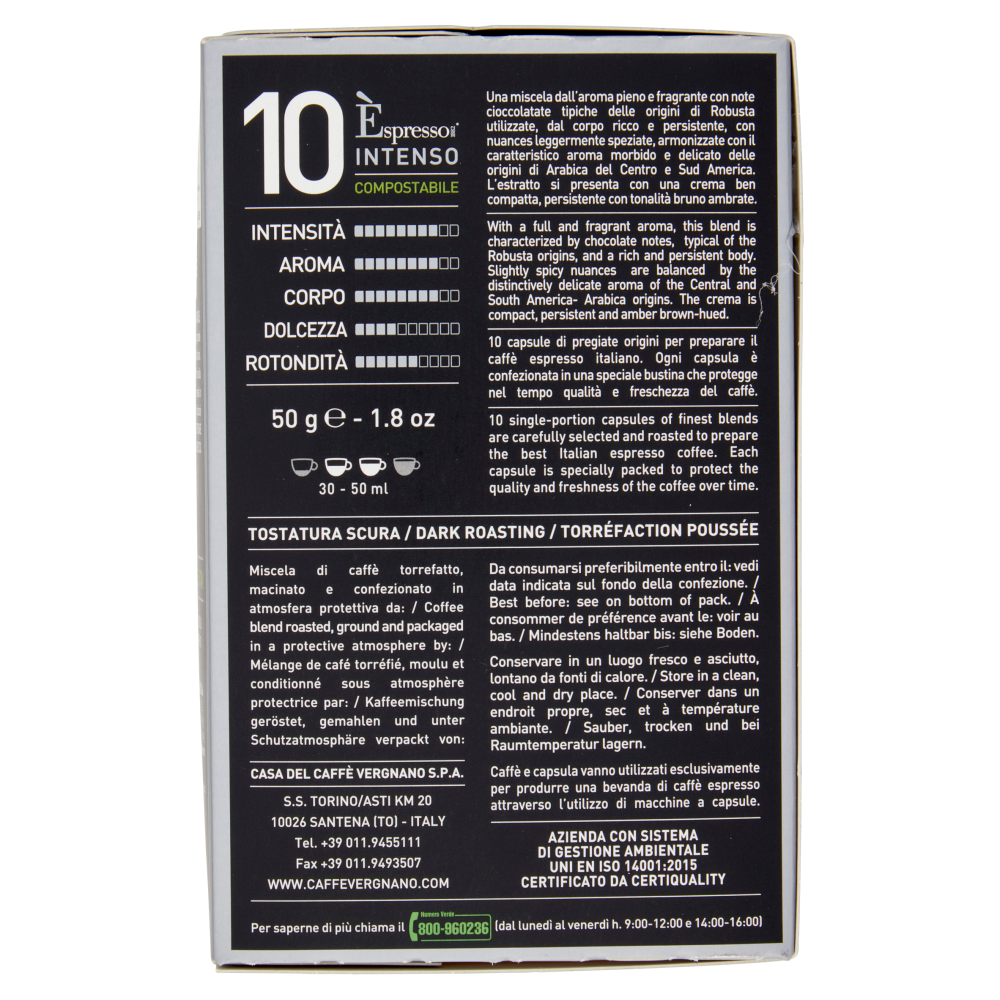 Caffè Vergnano 1882 Èspresso1882 Intenso Compostabile** Capsule Compatibili Nespresso* 10 x 5 g