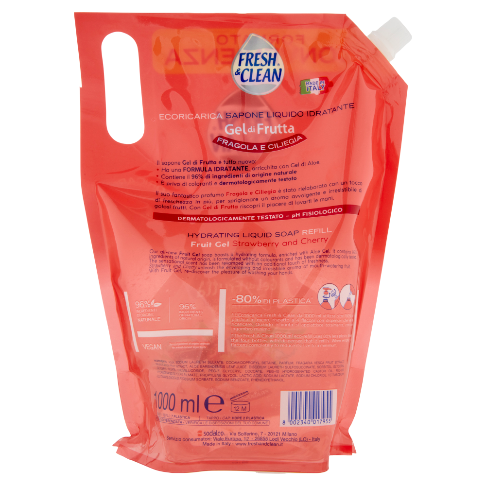 Fresh & Clean Gel di Frutta Sapone Liquido Idratante Fragola e Ciliegia ecoRicarica 1000 ml