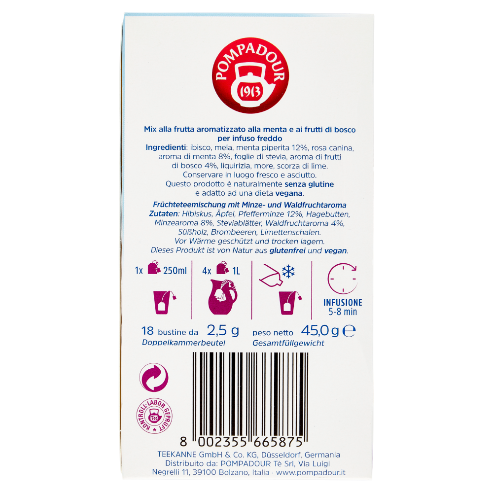 Pompadour Fredde Infusioni Frutti di Bosco e Menta 18 x 2,5 g