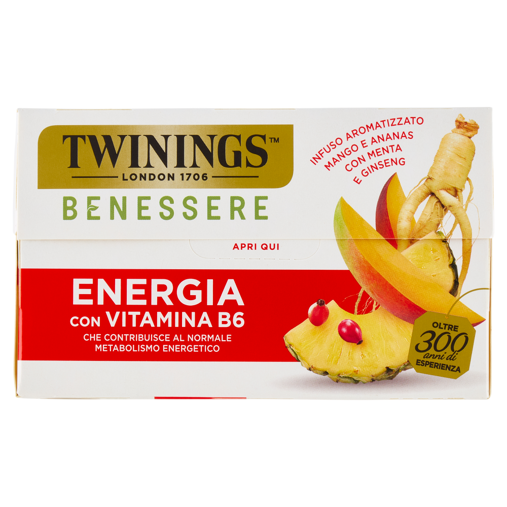 Twinings Benessere Energia Tisana Aromatizzata Mango e Ananas con Vitamina B6 18 filtri 27 g