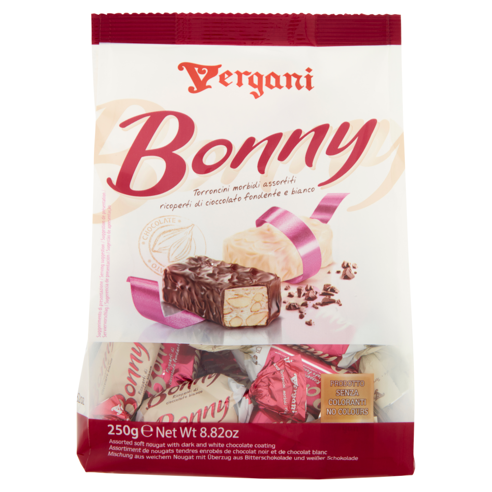 Vergani Bonny Torroncini morbidi assortiti ricoperti di cioccolato fondente e bianco 250 g