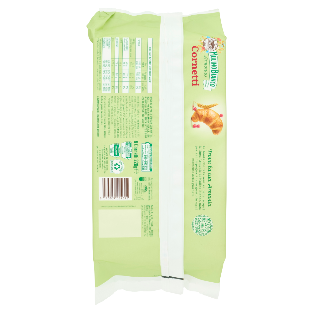 Mulino Bianco Armonia Cornetti Mirtilli Rossi Farina di Farro Integrale Semi di Mirtilli Rossi 228 g