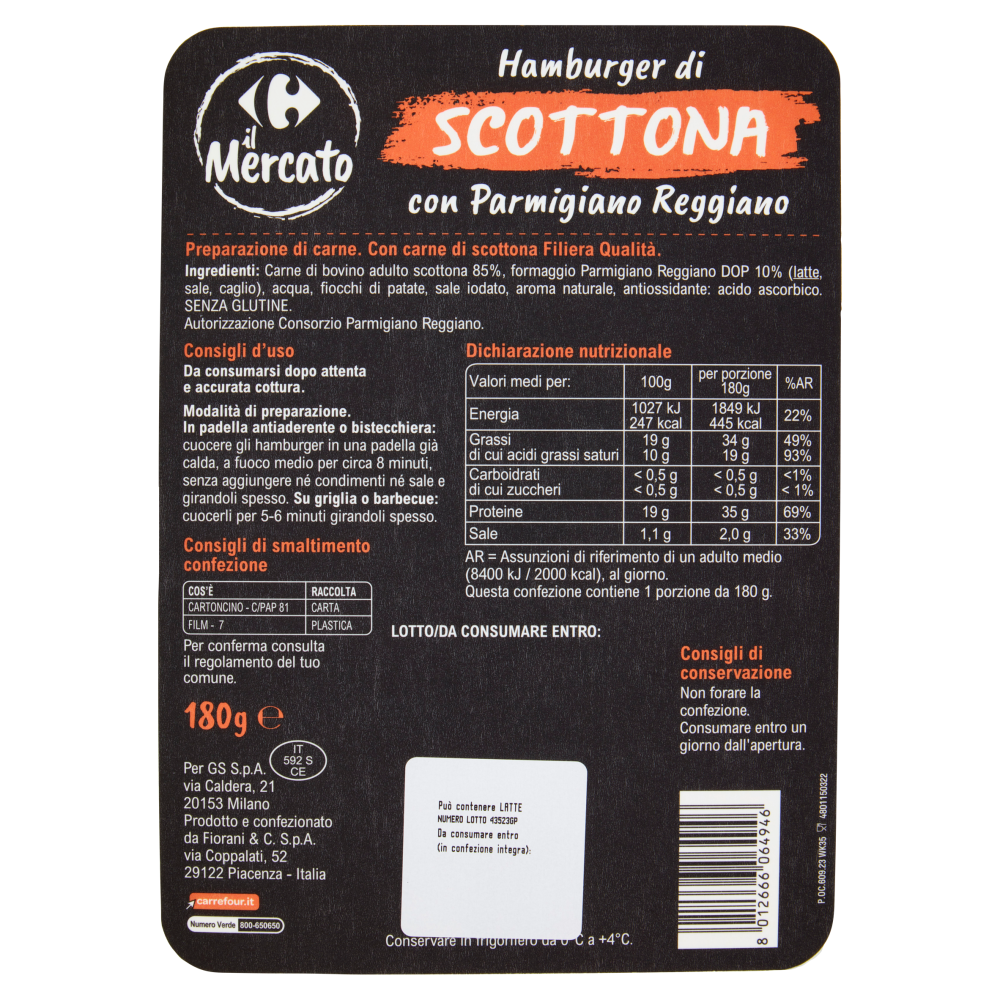 Carrefour il Mercato Hamburger di Scottona con Parmigiano Reggiano 180 g