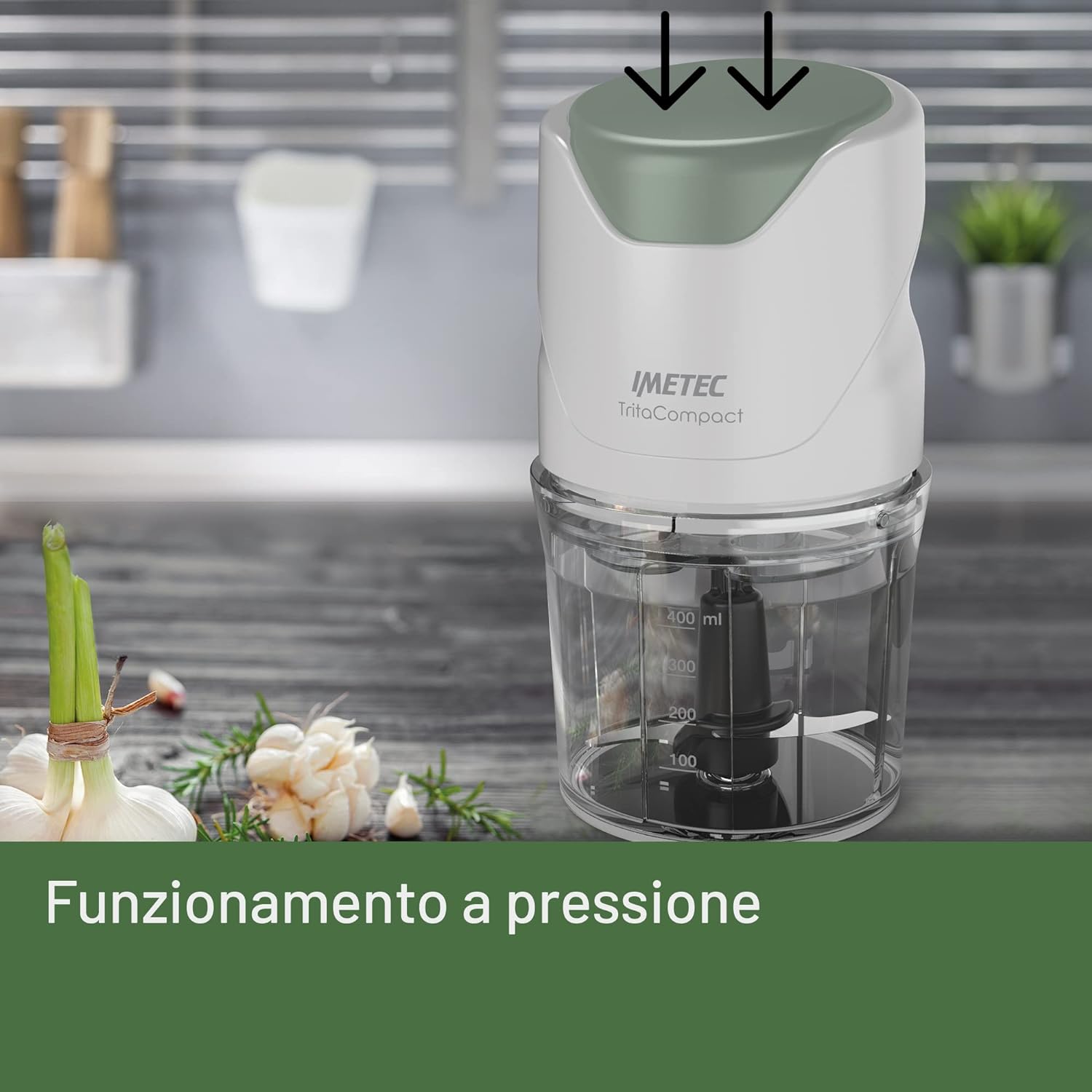 Imetec Tritacompact tritatutto, Lame in acciaio inox, Capienza contenitore 400 ml, Funzionamento a pressione, Compatto, 350 w