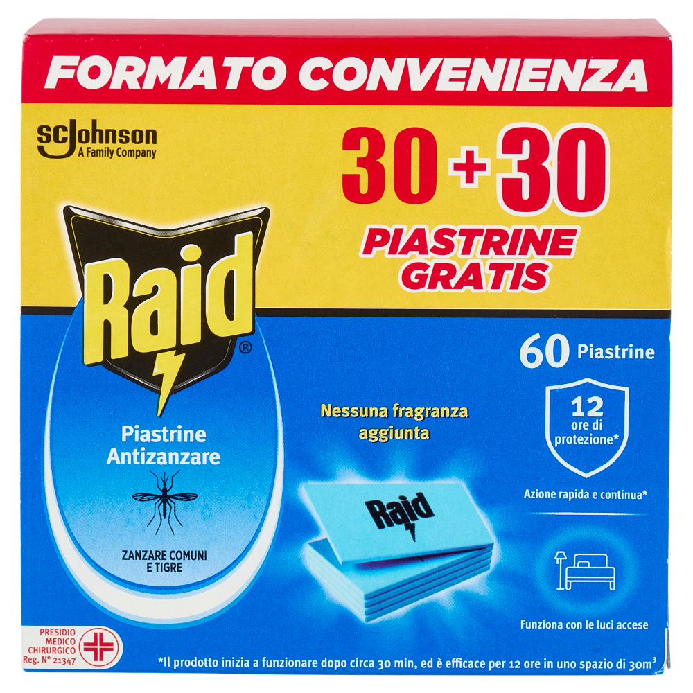 Raid Piastrine Antizanzare Comuni e Tigre, Azione prolungata, Ricarica 60 pezzi