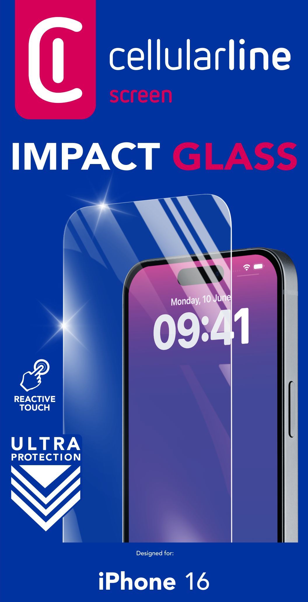 Cellularline Impact Glass - iPhone 16 Vetro temperato sottile, resistente e super sensibile