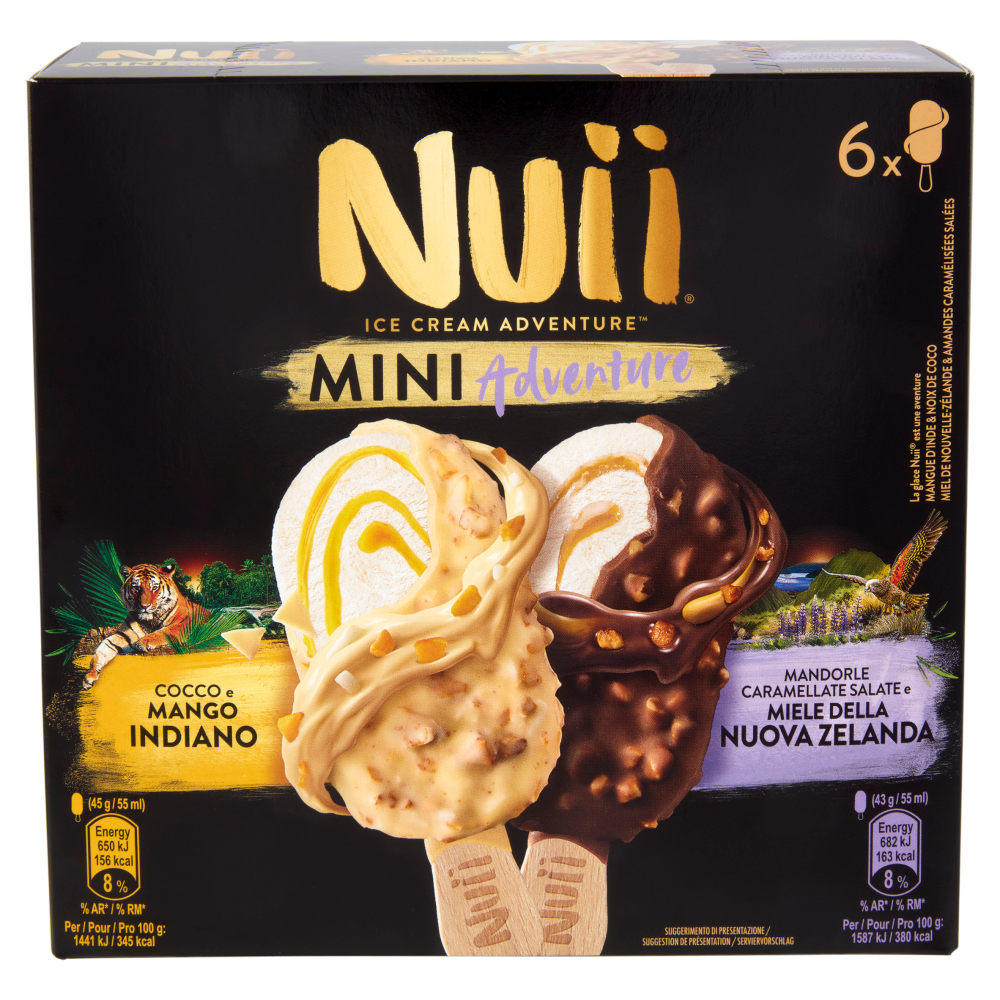 NUII Mini Adventure Cocco-Mango Indiano,Mandorle Caramell. Salate-Miele Nuova Zelanda 6 Gelati 264g