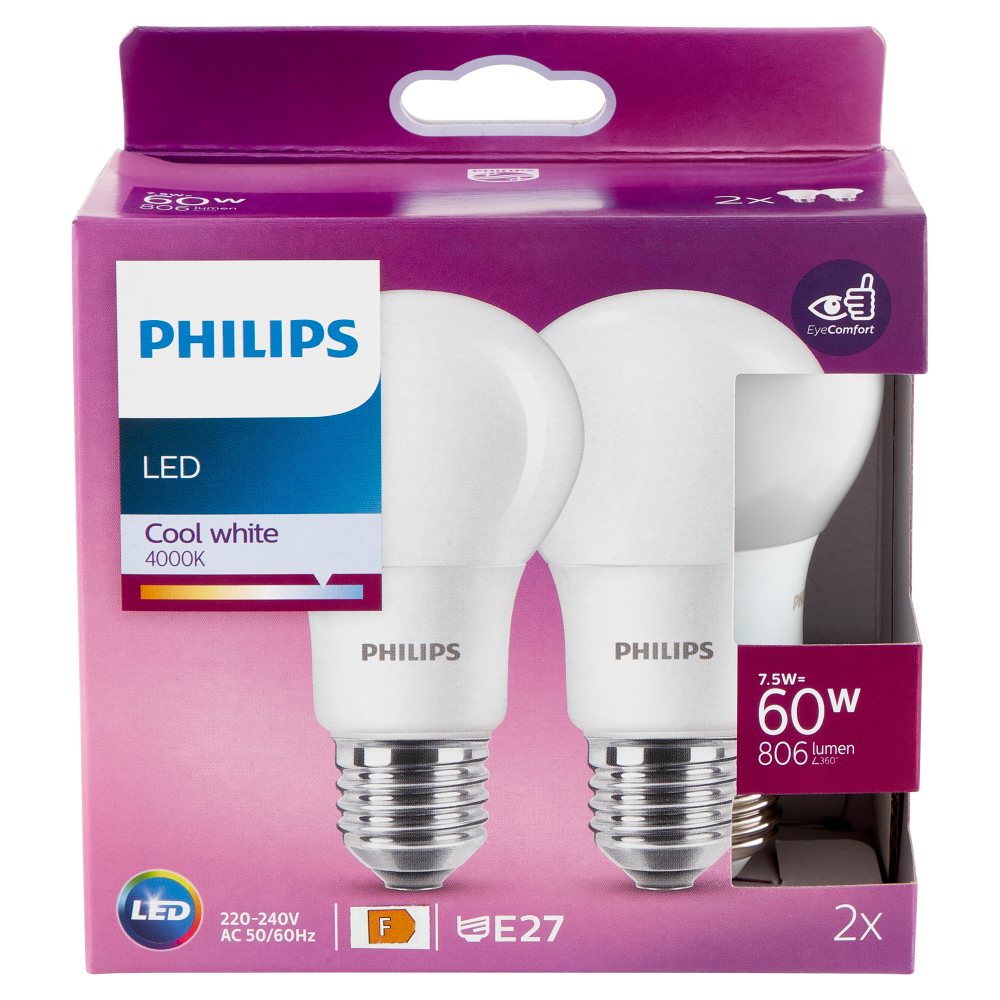 Philips Led goccia 60W E27 4000K 2 pz