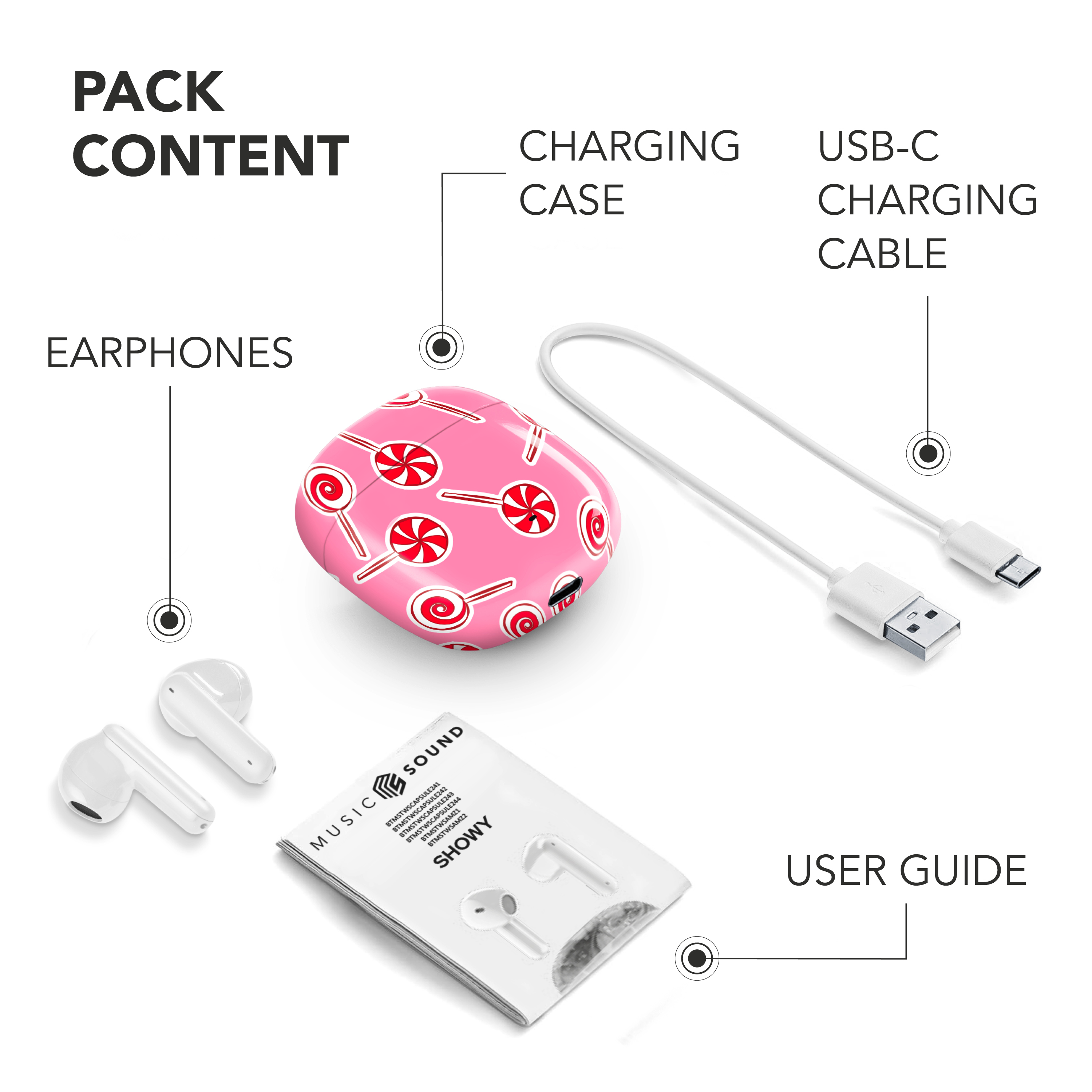 Music Sound Showy Auricolari Bluetooth TWS a capsula senza fili con custodia di ricarica in vari modelli e colori